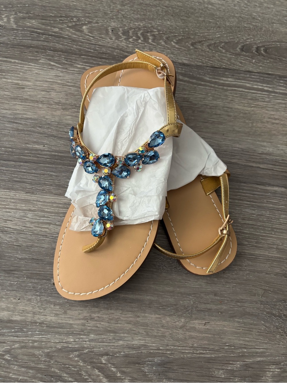 ⚜️Gold Embellished Sandal with Blue Crystal Accents - NWT